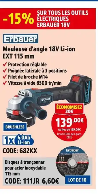 Screwfix Erbauer Meuleuse d'angle 18V Li-ion EXT 115 mm offre