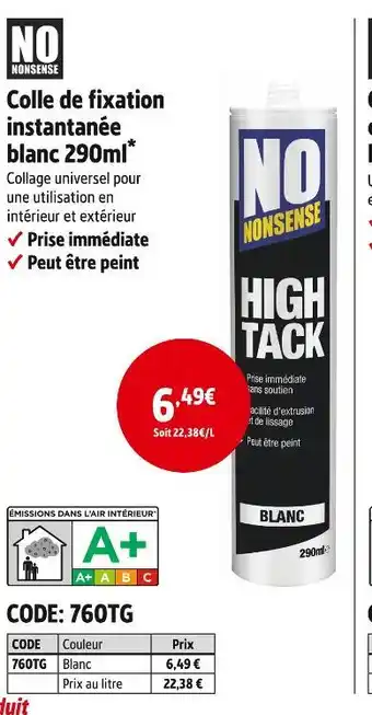 Screwfix NO NONSENSE Colle de fixation instantanée blanc 290ml offre