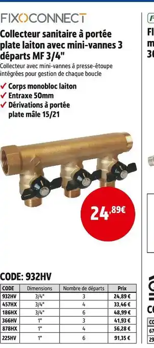 Screwfix FIXOCONNECT Collecteur sanitaire à portée plate laiton avec mini-vannes 3 départs MF 3/4 offre