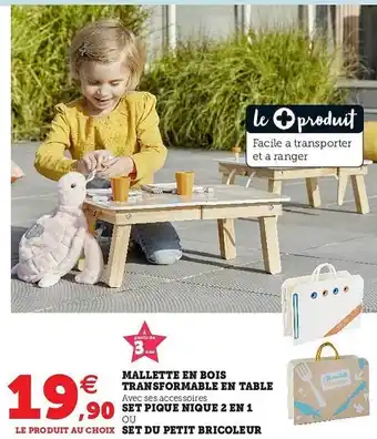 Hyper U Mallette En Bois Transformable En Table, Set Pique Nique 2 En 1 Ou Set Du Petit Bricoleur offre