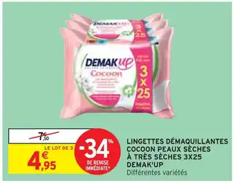 Intermarché DEMAK'UP LINGETTES DÉMAQUILLANTES COCOON PEAUX SÈCHES À TRÈS SÈCHES 3X25 offre