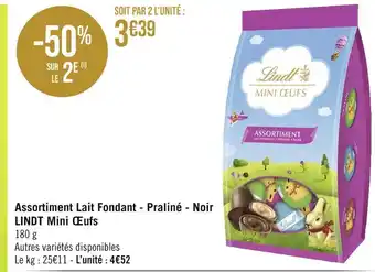 Géant Casino LINDT Assortiment Lait Fondant - Praliné - Noir Mini Œufs offre