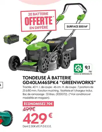 Truffaut GREENWORKS TONDEUSE À BATTERIE GD40LM46SPK4 offre