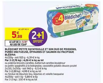 Intermarché Express Blédichef Petite Ratatouille Et Son Duo De Poissons, Purée Onctueuse, épinards Et Saumon Du Pacifique Blédina offre