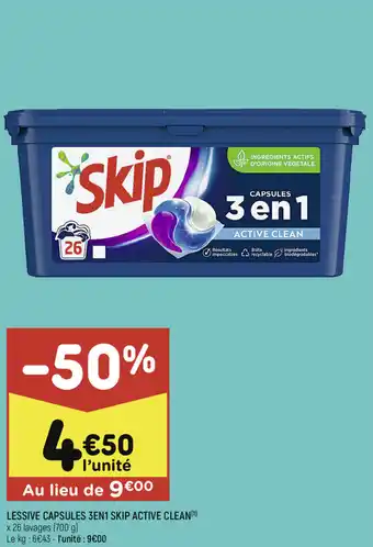 Leader Price Lessive Capsules 3en1 Skip Active Clean offre