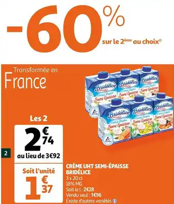 Auchan Bridélice crème uht semi-épaisse offre