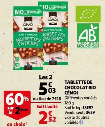 Auchan Cémoi tablette de chocolat bio offre