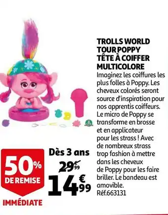 Auchan Trolls trolls world tour poppy tête à coiffer multicolore offre
