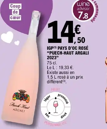 E.Leclerc IGP (1) PAYS D'OC ROSÉ "PUECH-HAUT ARGALI 2023" offre