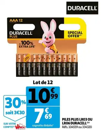 Auchan Duracell piles plus lr03 ou lr06 offre