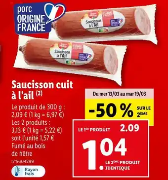 Lidl Saucisson cuit à l’ail offre