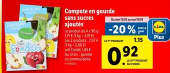 Lidl Pom'&Go Compote en gourde sans sucres ajoutés offre