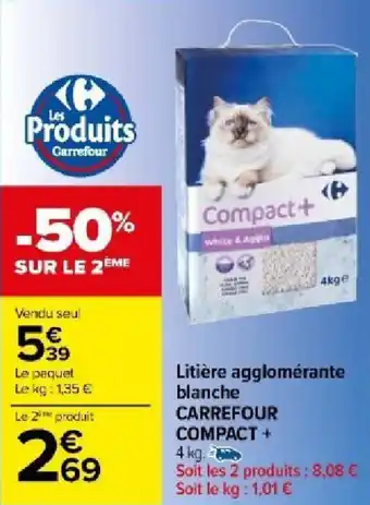 Carrefour Market Litière agglomérante blanche CARREFOUR COMPACT + offre