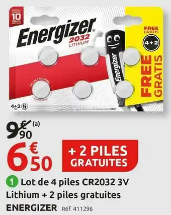 Mr Bricolage Energizer lot de 4 piles cr2032 3v lithium + 2 piles gratuites offre