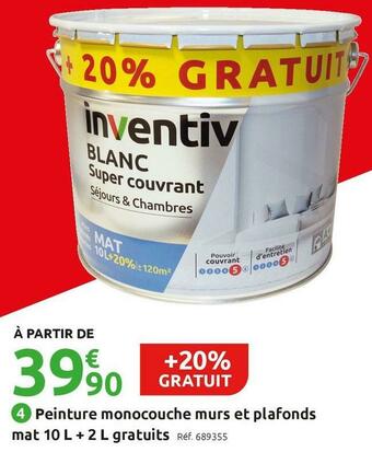 Mr Bricolage Inventiv peinture murs et plafonds mat 10 l + 2 l gratuits offre