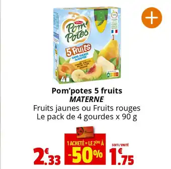 Coccinelle Supermarché Pom'potes 5 fruits MATERNE Fruits jaunes ou Fruits rouges Le pack de 4 gourdes x 90 g offre