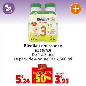 Coccinelle Supermarché Blédilait croissance BLÉDINA De 1 à 3 ans Le pack de 4 bouteilles x 500 ml offre