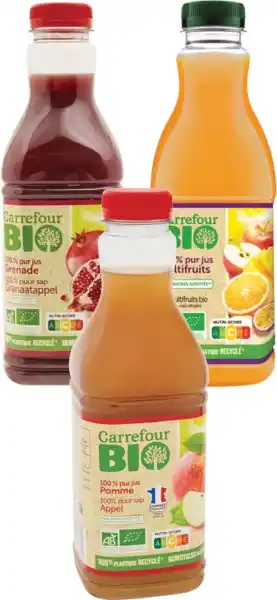 Carrefour CARREFOUR BIO SUR TOUTES LES BOUTEILLES DE JUS RÉFRIGÉRÉS, 90 CL offre
