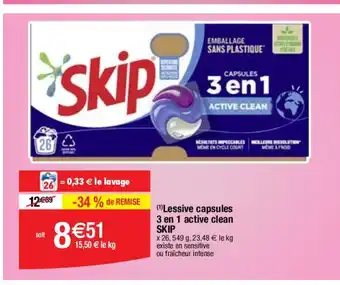 Migros (1) Lessive capsules 3 en 1 active clean SKIP offre