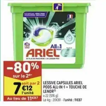 Leader Price Lessive Capsules Ariel Pods All-in-1 + Touche De Lenor offre