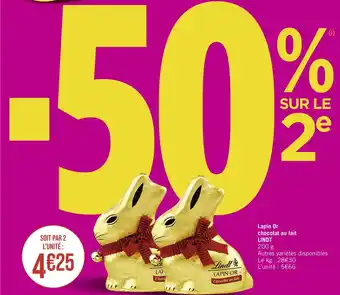 Casino Supermarchés LINDT Lapin Or chocolat au lait offre