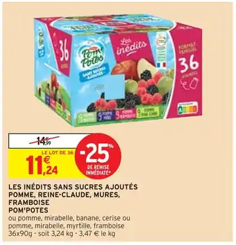Intermarché POM'POTES LES INÉDITS SANS SUCRES AJOUTÉS POMME, REINECLAUDE, MURES, FRAMBOISE offre