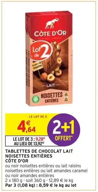 Intermarché CÔTE D'OR TABLETTES DE CHOCOLAT LAIT NOISETTES ENTIÈRES offre