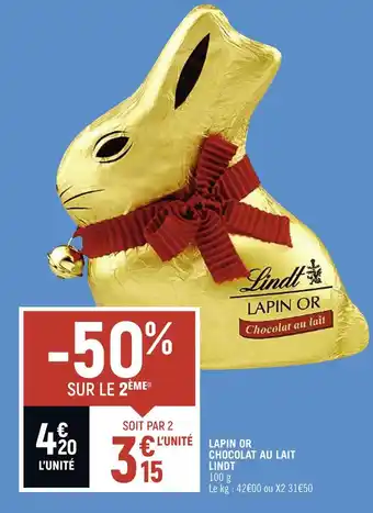 Spar LINDT LAPIN OR CHOCOLAT AU LAIT offre