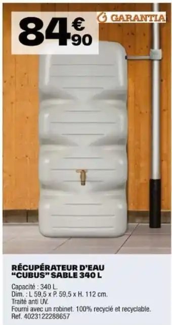 Brico Dépôt RÉCUPÉRATEUR D'EAU "CUBUS" SABLE 340 L offre