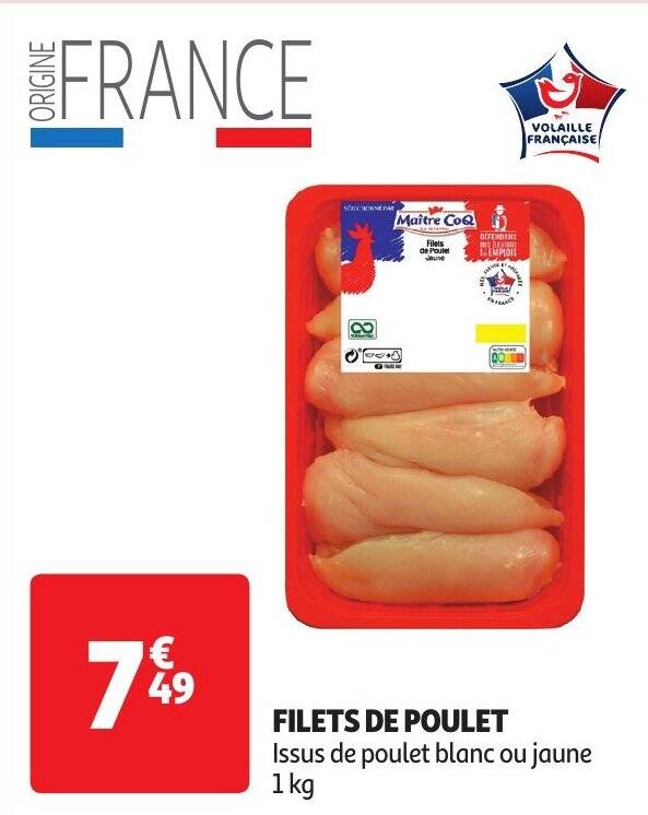 Promo FILETS DE POULET Issus de poulet blanc ou jaune 1 kg chez Auchan