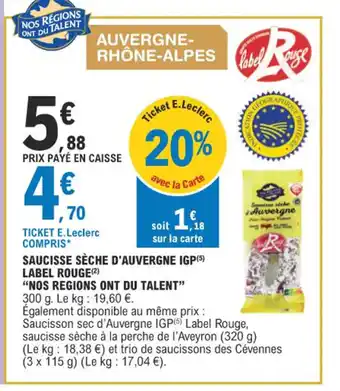 E.Leclerc SAUCISSE SÈCHE D'AUVERGNE IGP LABEL ROUGE(2) offre