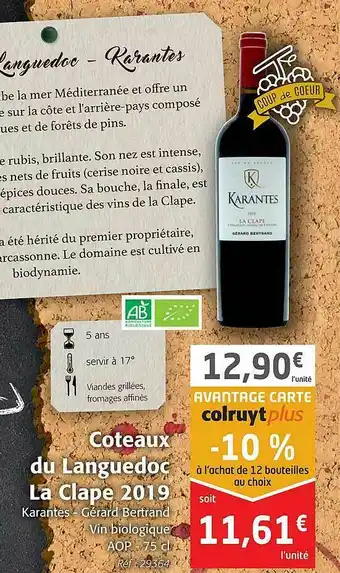 Colruyt Coteaux Du Languedoc La Clape 2019 Karantes - Gérard Betrand offre