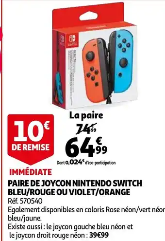 Auchan Paire de joycon nintendo switch bleu/rouge ou violet/orange offre