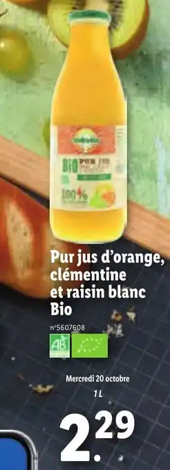 Lidl Pur jus d'orange, clémentine et raisin blanc bio offre