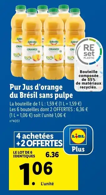 Lidl Pur jus d'orange du brésil sans pulpe offre