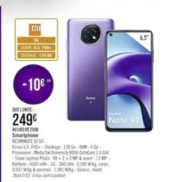 Géant Casino Smartphone Redmi Note 9t 5g Xiaomi offre
