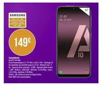 Géant Casino Smartphone Galaxy A10 Noir Samsung offre
