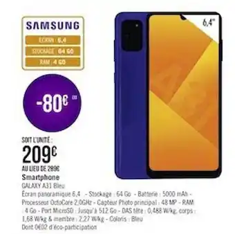 Géant Casino Smartphone Galaxy A31 Bleu Samsung offre