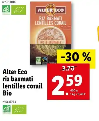 Lidl Alter eco riz basmati lentilles corail bio offre