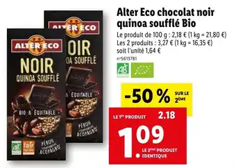 Lidl Alter eco chocolat noir quinoa soufflé bio offre