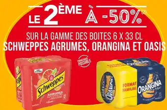 Match OASIS LE 2ÈME À -50% SUR LA GAMME DES BOITES 6 X 33 CL SCHWEPPES AGRUMES, ORANGINA ET OASIS offre