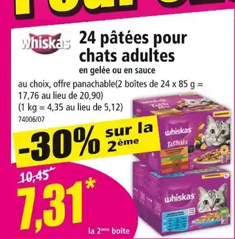 Norma Whiskas 24 pâtées pour chats adultes en gelée ou en sauce offre