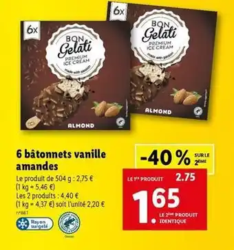 Lidl Bon gelati - 6 bâtonnets vanille amandes offre