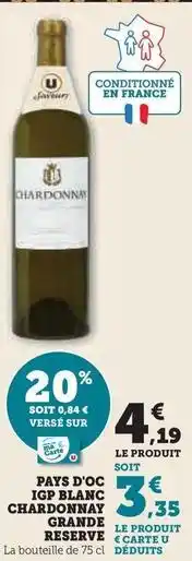 Super U U - pays d'oc igp blanc chardonnay grande offre