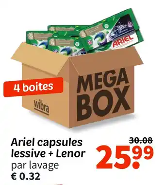Wibra Ariel capsules lessive + Lenor par lavage offre