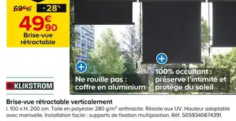 Castorama KLIKSTROM Brise-vue rétractable verticalement offre