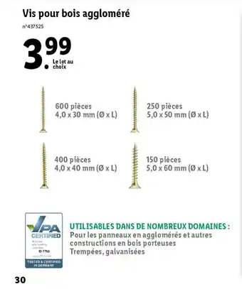 Lidl Vis pour bois aggloméré offre