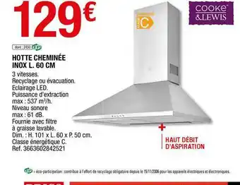 Brico Dépôt Hotte Cheminée Inox L. 60 Cm Cooke&lewis offre