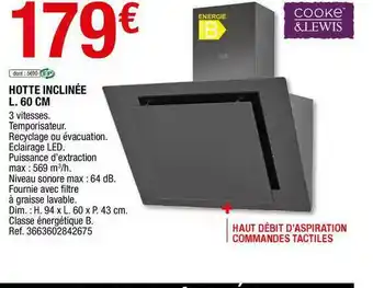 Brico Dépôt Hotte Inclinée L. 60 Cm Cooke&lewis offre
