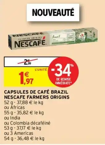 Intermarché Capsules de café Brazil Nescafe Farmers Origins offre